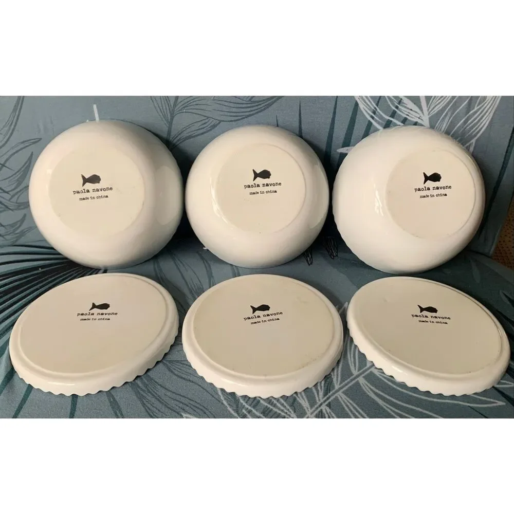 3 Paola Navone Crate & Barrel white scalloped Bowls & Sauces Set Lot